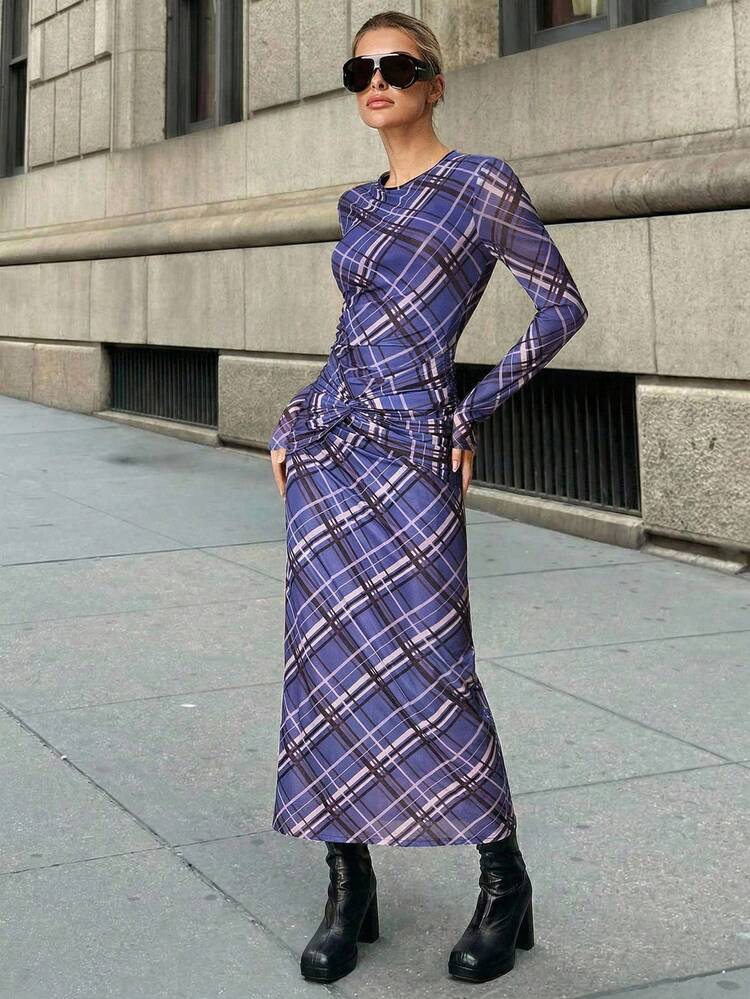 SHEIN Maija Women's Casual Plaid Ruffle Long Sleeve Dress,Spring Checkered Dress Plaid Dress Women