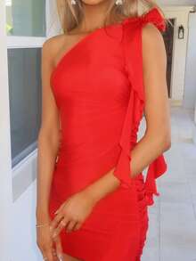 Sydney Algeri One Shoulder Ruched Ruffle Trim 3D Rosette Bodycon Pink Dress - Red - View 4