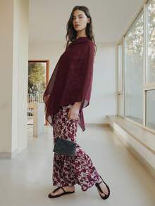 Nöista Draped Sheer Fashion Slant Shoulder Chiffon Shawl Blouse - Burgundy - View 8