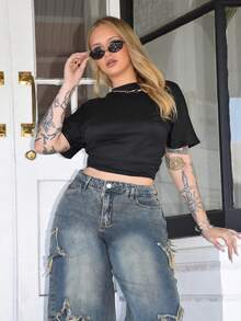 Arliah 女式夏季简约 Y2K 基本款日常休闲返校街头风弹力白色宽松褶皱短款 T 恤 - 黑色 - 查看 1