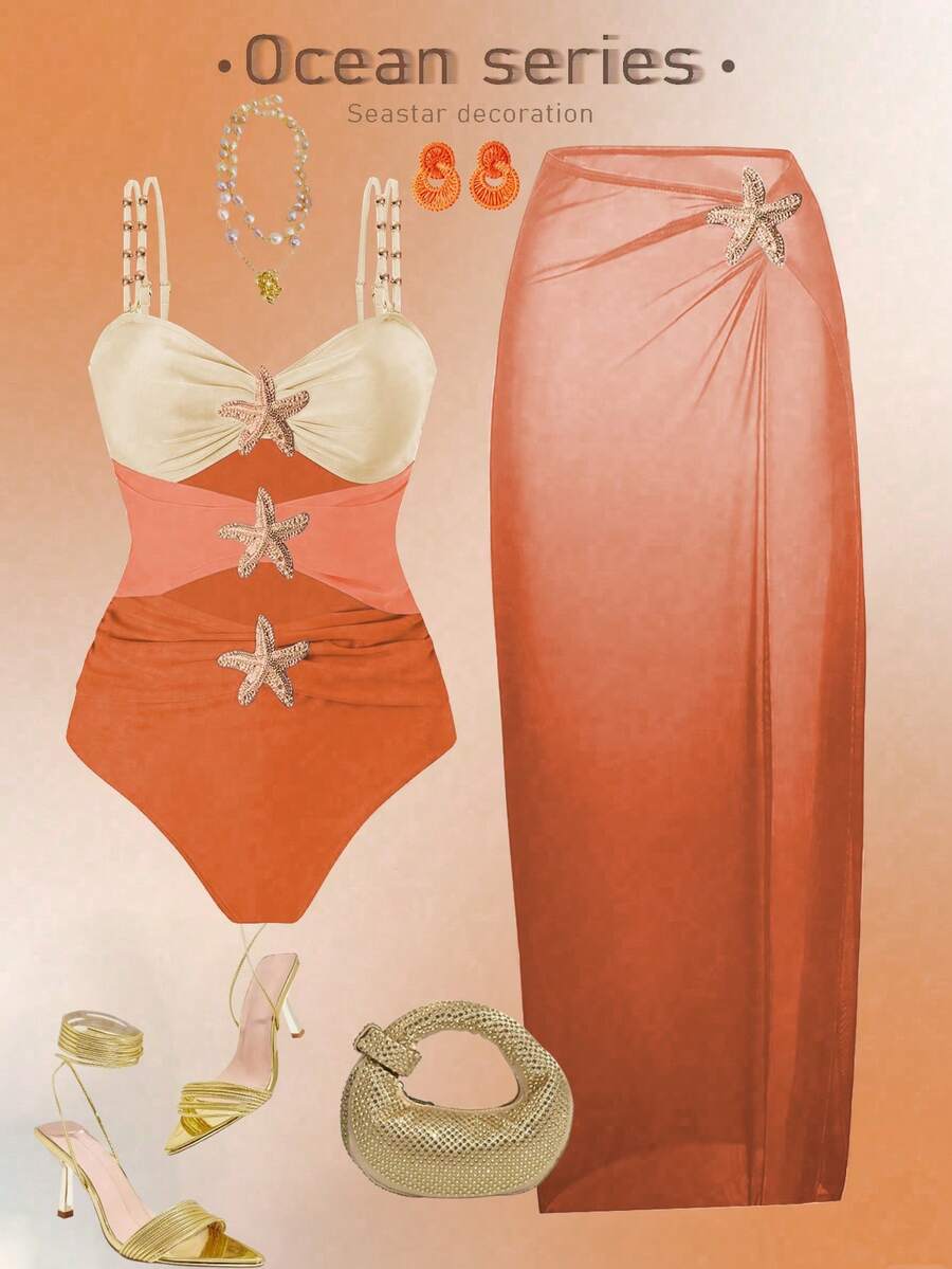 Swim Oasis Plus Size One-Piece Swimsuit, 2pcs Set, Multicolor Metal Starfish Decor, Minimalist Design, Women Summer Beach Vacation Outfit - Orange - View 1