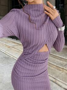 Opuloom 女士秋季时尚高领修身长裙，保暖针织面料，长袖设计，适合日常外出、聚会和派对穿着。 - 紫色 - 查看 1