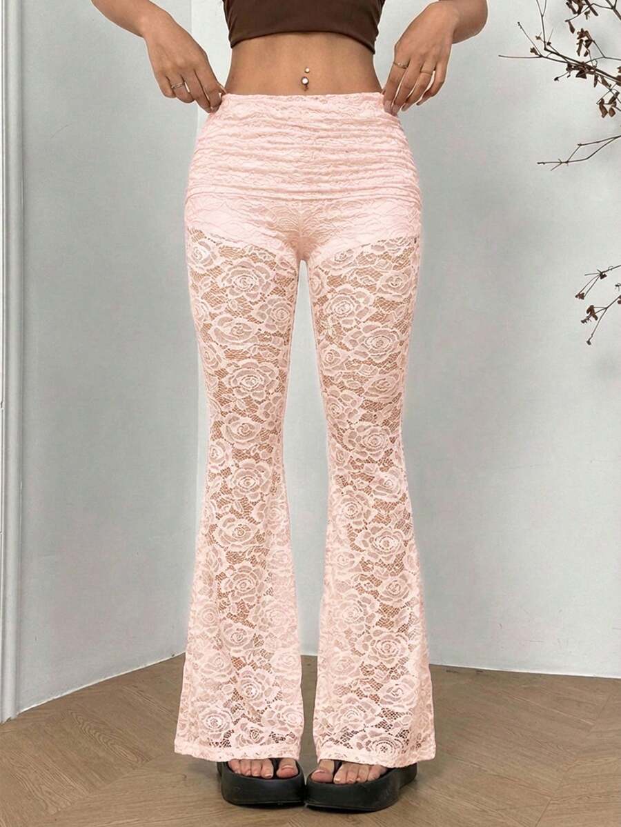 SHEIN EZwear 女士浅粉色蕾丝喇叭裤，可折叠腰带，春夏款 - 淺粉色 - 查看 1