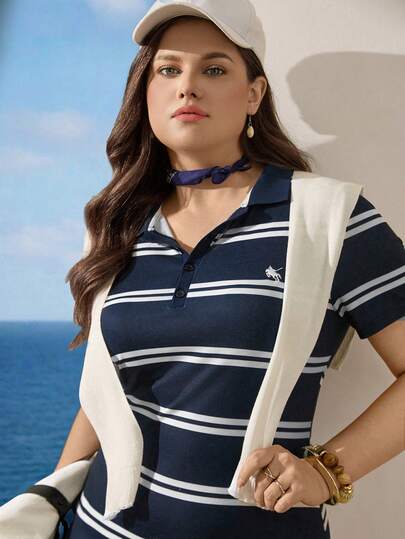 Zelara Plus-Size Women Summer Striped Polo Collar Short-Sleeved Casual Daily Elegant Women Dress A Mid-Length Glamorous Nautical Casual Daily Modest Dress
