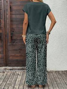 EMERY ROSE 2pcs/Set Women Casual Loose Fit Round Neck Top And Wide Leg Pants, Versatile Outfit For Spring/Autumn Spring - Multicolor - View 2