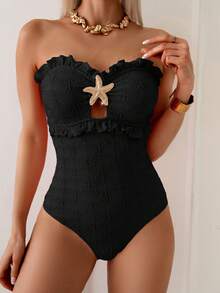 Swim Vcay Áo tắm liền thân kiểu quây ngực, chất liệu vải jacquard họa tiết sao biển màu hồng dành cho nữ, thích hợp cho kỳ nghỉ hè, và váy đi biển. - màu đen - Xem 3