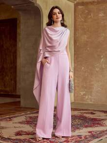 ZEYLAH Women's Solid Color Pleated Shawl Design Casual Jumpsuit For Travel & Vacation, Spring/Summer - Mauve Purple - View 7