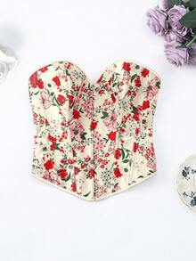 Floral Print Lace Up Back Tube Shapewear Top - Multicolor - View 6