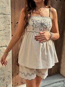 SHEIN Maternity Spaghetti Strap Shell Trim Pleated 2 Pieces Set, Summer - Apricot - View 4