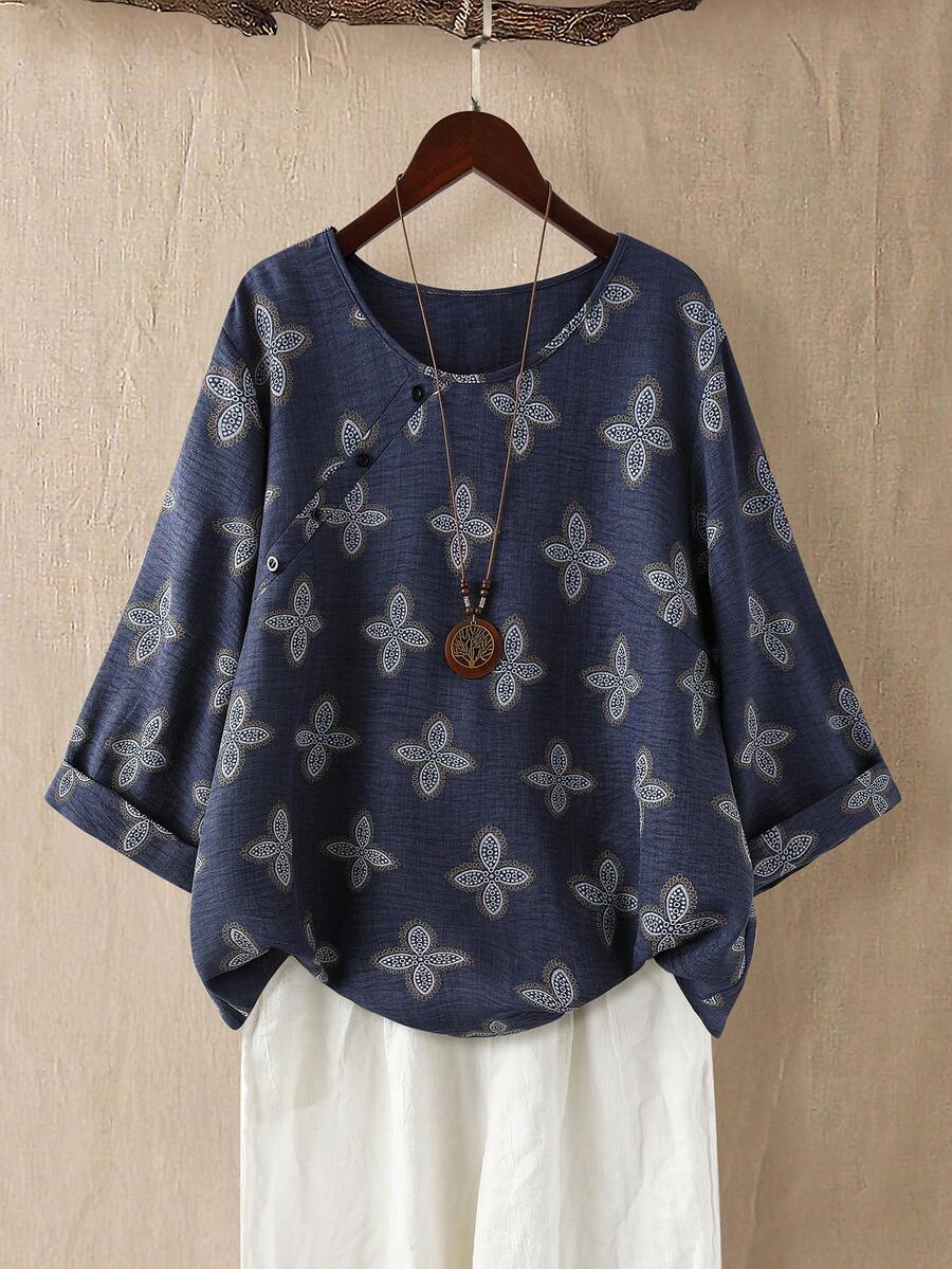 Linhara Plus Size Women's Early Spring Blue Linen Texture Casual Loose Shirt - Blue - View 1