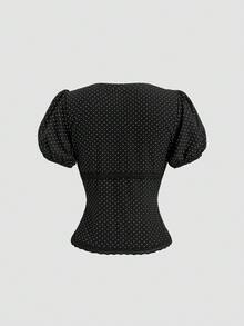 Sweetra 女士春夏新款设计感高街优雅波点复古纹理高端简约修身泡泡袖衬衫 - 黑與白 - 查看 3