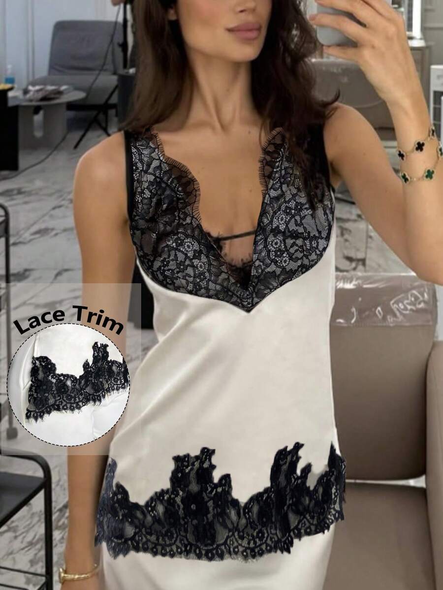 Siren Gaze 女士优雅蕾丝拼接撞色吊带背心，适合夏季通勤 - 杏色 - 查看 1