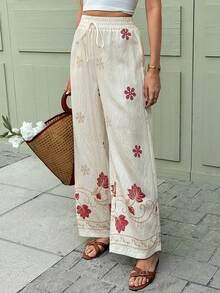 SHEIN Frenchy Pantalones sueltos con cordón y estampado casual de verano para mujer - Albaricoque - Ver 3