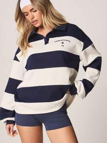 MISSGUIDED 宽松横条纹橄榄球polo衫，翻领长袖，适合周末休闲穿着 - 彩色 - 查看 1