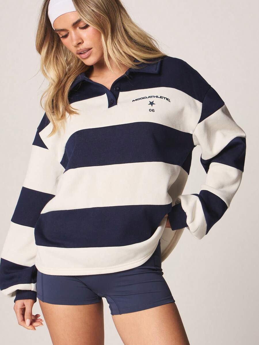 MISSGUIDED 宽松横条纹橄榄球polo衫，翻领长袖，适合周末休闲穿着 - 彩色 - 查看 1