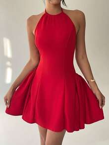 Aloruh Đầm ngắn màu đỏ xếp ly cổ yếm bồng bềnh dành cho nữ, thiết kế thắt eo, thích hợp cho ngày Valentine. - Đỏ - Xem 4