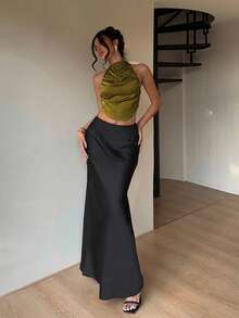 Aloruh Sexy Halter Backless Satin Women Camisole - Army Green - View 6