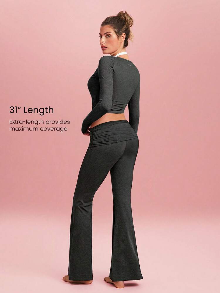 31インチ ソフティ ベルベア フレアレギンス スーパーソフト プリーツ 折りたたみウエストバンド ヨガ スタジオ デイリーウェア