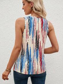 SHEIN Clasi Áo thun nữ không tay cổ yếm in họa tiết toàn thân, thích hợp cho kỳ nghỉ hè, phong cách thường ngày. - Màu xanh lam - Xem 2
