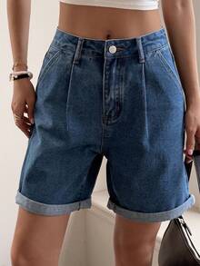 DAZY Women's Casual Loose Pleated Denim Shorts - Blue - View 5