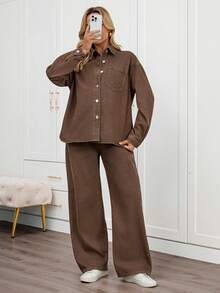 Boho Mama 两件套孕妇休闲日常通勤时尚宽松落肩牛仔外套和阔腿牛仔裤套装，春秋季春夏情人节嘉年华服装通勤度假毕业时尚Y2K可爱街头风性感派对婚礼优雅商务休闲女装高腰阔腿牛仔裤棕色牛仔休闲长裤 - 棕色 - 查看 6