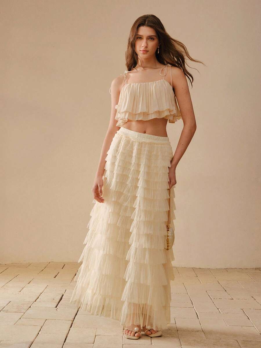 MOTF PREMIUM TIERED LAYER CONTRAST MESH SKIRT - White - View 1