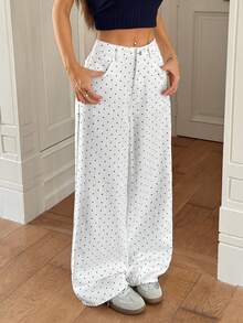 Rivivi 女士休闲波点印花宽松阔腿牛仔裤，适合通勤和度假穿着 - 白色 - 查看 6