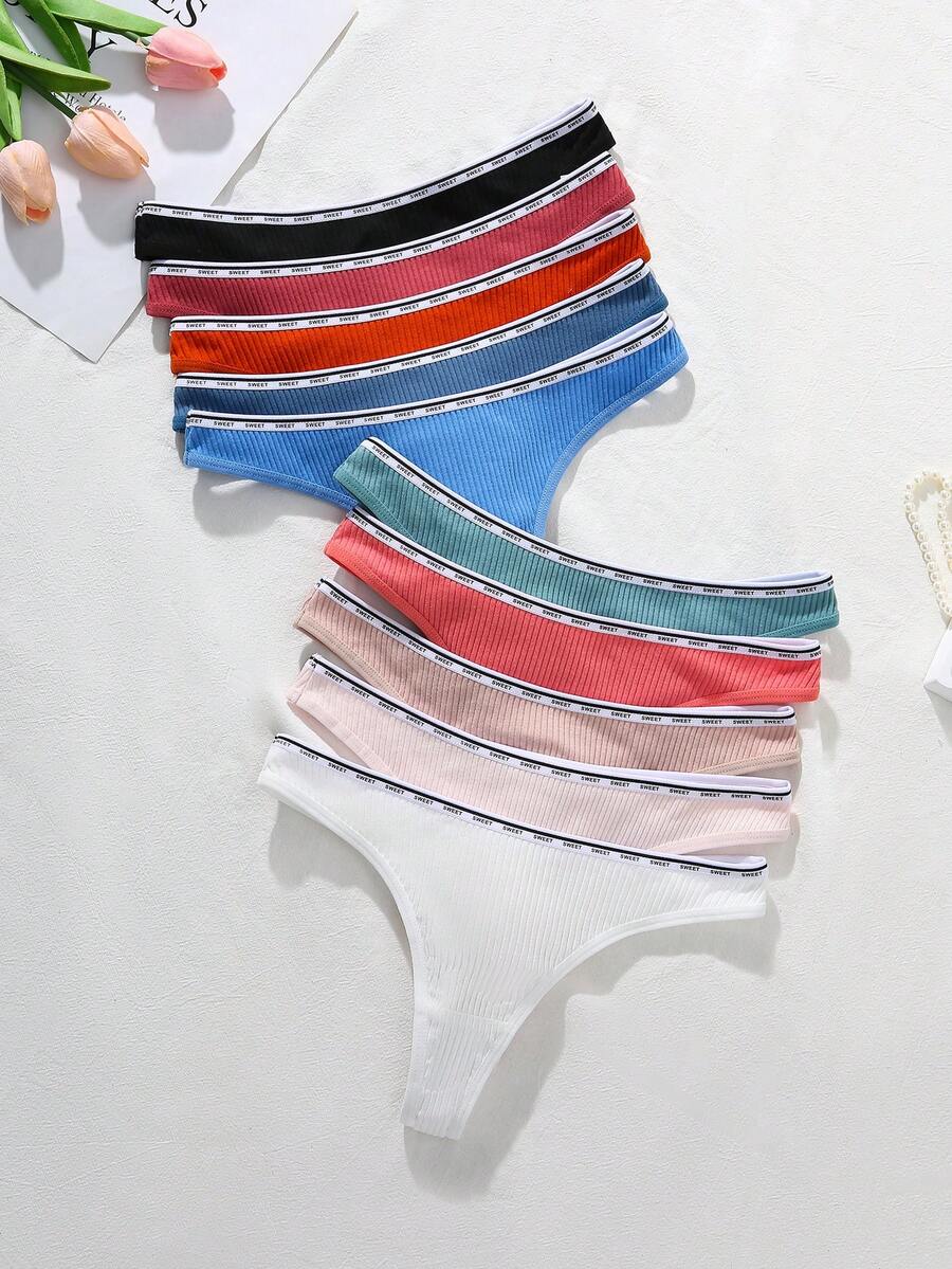 10pcs/Pack Ribbed Comfort Contrast Trim Thong Panties - Multicolor - View 1
