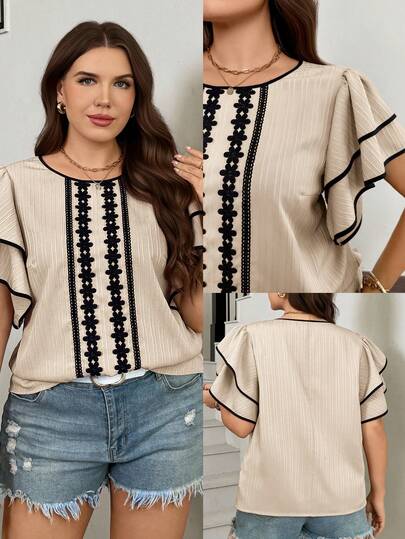 SHEIN LUNE Women's Plus Size Round Neck Applique Casual Versatile Daily Wear Ruffle Sleeve Blouse Carnival Party Beach Valentine's Day Western Wear Women Tops Elegant Blouse For Women Summer Tops With Sleeve Womens Casual Tops Butterfly Sleeve Top