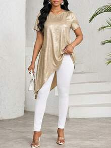 SHEIN Lady 女士金属质感圆领短袖不对称下摆休闲衬衫 - 金色 - 查看 5