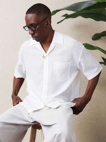  SUMWON Relaxed Fit Revere Collar Textured Resort Short Sleeve Button Front Casual Summer Vacation Beach Shirt Vacation