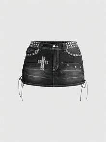 ROMWE Grunge Punk Y2K辣妹風女款細肩帶鉚釘裝飾交叉牛仔裙 - 灰色 - 查看 2
