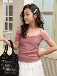 DAZY Áo hai dây trễ vai màu trơn dáng casual cho bé gái tuổi teen, mùa hè - Hồng - Xem 6