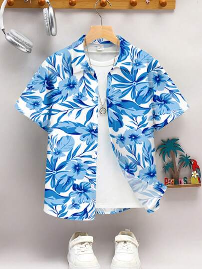 Tween Boy Casual Fashion, Cool Style, Vacation Style, Sports Style, Floral Print Short Sleeve Polo Shirt