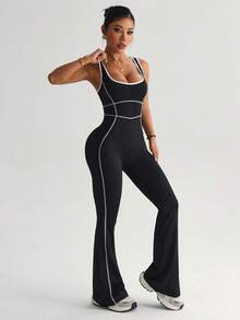 With My Calm 女士瑜伽户外健身连体裤，宽肩带，紧身喇叭裤，撞色条纹 - 黑色 - 查看 7