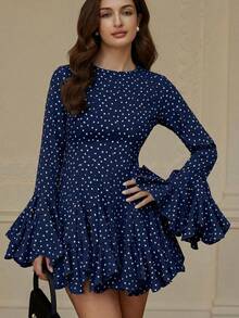 Aveloria Rosie Đầm dài tay xếp tầng họa tiết chấm bi màu nước thời trang, kiểu dáng châu Âu và Mỹ, thích hợp cho mùa Thu/Đông. - Màu xanh hải quân - Xem 5