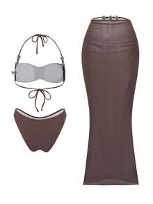 Swim Oasis Women's Solid Color Ruched Halter Bikini Set With Beaded Accessories And Mesh Maxi Skirt - Coffee Brown - View 4