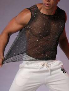 Manfinity AFTRDRK Men's Sexy Sheer Elastic Black Mesh Tank Top, Summer - Black - View 1