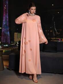 Al Najma Women's Elegant Romantic 3D Floral Long Sleeve Flared Long Cardigan, Pink - Pink - View 5