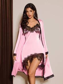 Slumberist 2pcs Faux Silk Lace Patchwork Criss-Cross Backless Tie Robe & Slip Dress Set For Women - Pink - View 1