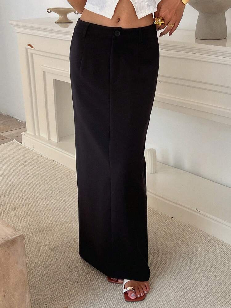 Women's Solid Color Pocket Button Casual Versatile Commute Skirt