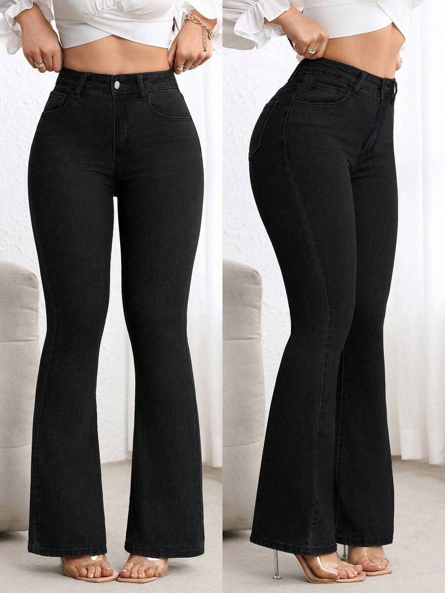 SHEIN Jeanoir Plus Size Women Casual Everyday Commute Simple Versatile Solid Color High Waist Flare Jeans - Black - View 1