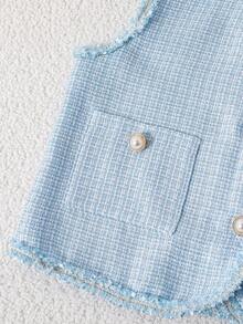 SHEIN Conjunto elegante de verano con top de cárdigan sin mangas con lazo y falda plisada para niñas - Azul - Ver 5