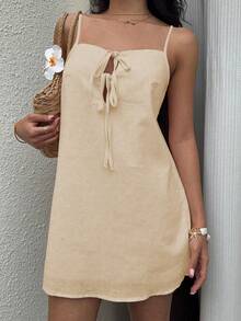 SHEIN Unity Women's Solid Color Spaghetti Strap Tie Waist Casual Loose Dress - Khaki - View 3