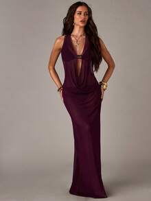 SHEIN BAE Elegant Deep V-Neck Slim Fit Backless Maxi Dress,2026 Summer New Arrivals: Women's Purple Tulle Cover-Up Dress, Sexy Party/Music Festival Women's Swimwear, Women's Beach Vacation Wear, Elegant Women's Beach Swimwear, Vacation Wear, Women's Swimwear, Beach Party, Pool Party - Purple - View 4