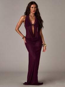 SHEIN BAE Elegant Deep V-Neck Slim Fit Backless Maxi Dress,2026 Summer New Arrivals: Women's Purple Tulle Cover-Up Dress, Sexy Party/Music Festival Women's Swimwear, Women's Beach Vacation Wear, Elegant Women's Beach Swimwear, Vacation Wear, Women's Swimwear, Beach Party, Pool Party - Purple - View 6