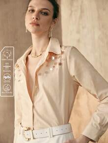 Arave 女士梭织亮片设计休闲约会衬衫 - 杏色 - 查看 6