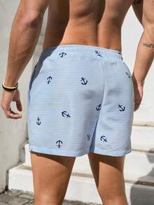 VIVINTIMO 男士抽绳腰部内置内衬轻质四向拉伸锚印花泳裤，适合从健身房到街头、冲浪后聚会、海滩度假，蓝白相间的梭织面料无弹力内衬沙滩短裤，夏威夷风情 - 藍白色 - 查看 2