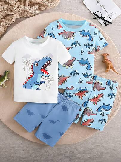 男童舒适恐龙印花短袖上衣和裤子两件套睡衣