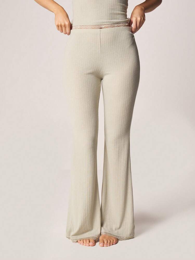 MISSGUIDED Sage Ribbed Pointelle Cami Tank Top Wide Leg Pants Pajama Set With Delicate Lace Trim Detail Lounge Sleep Wear Sleepwear